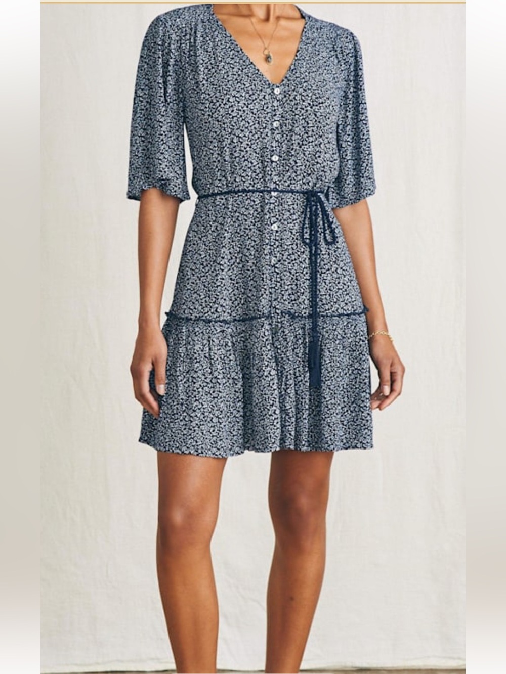 FAHERTY Orinda Navy and White Micro-Print Tie-Waist Tiered Mini Dress